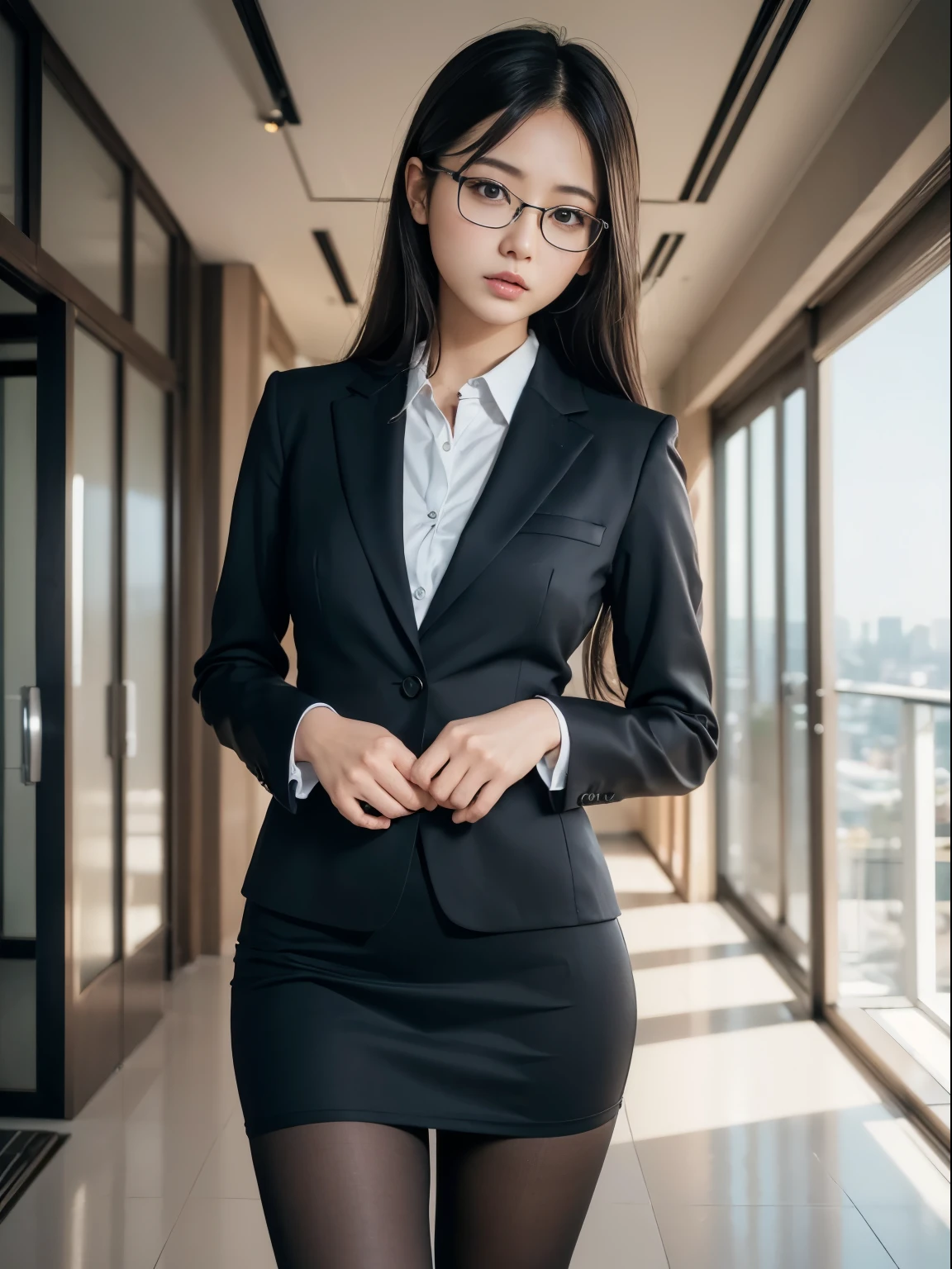 alone、solo、OL in her 20s in office uniform posing for a photo、(Black Pantyhose)、(Half Up),victory、Tsundere、Single knot、OL、suit、blue mini skirt、anger、small、Glasses、slim girl model photo、physical:the smallest middle-aged man in history、female model、Japanese female fashion model、(8k、RAW photo、highest quality、masterpiece:1.2)、(real、photorealistic:1.37)、Super detailed、Ultra high definition、office Street、 standing position、whole body、((((SEXY)))