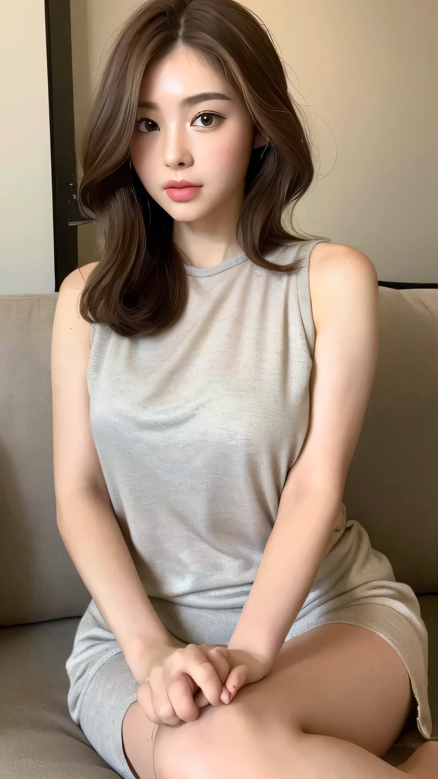 ((Top quality, 8k, Masterpiece: 1.3)), Beauty, Hidden Face, 1 Girl, Beauty: 1.3, Slender Abs: 1.1, Large Men's Shirt (Loose: 1.4) Exposed, No Underwear, Denim Ultra Shorts, Full, Long Brunette Hair, (Sitting Cross-legged on the sofa), Ultra-detailed face, Highly detailed lips, Detailed eyes, double eyelids, Strict head-to-body ratio: 1.5,