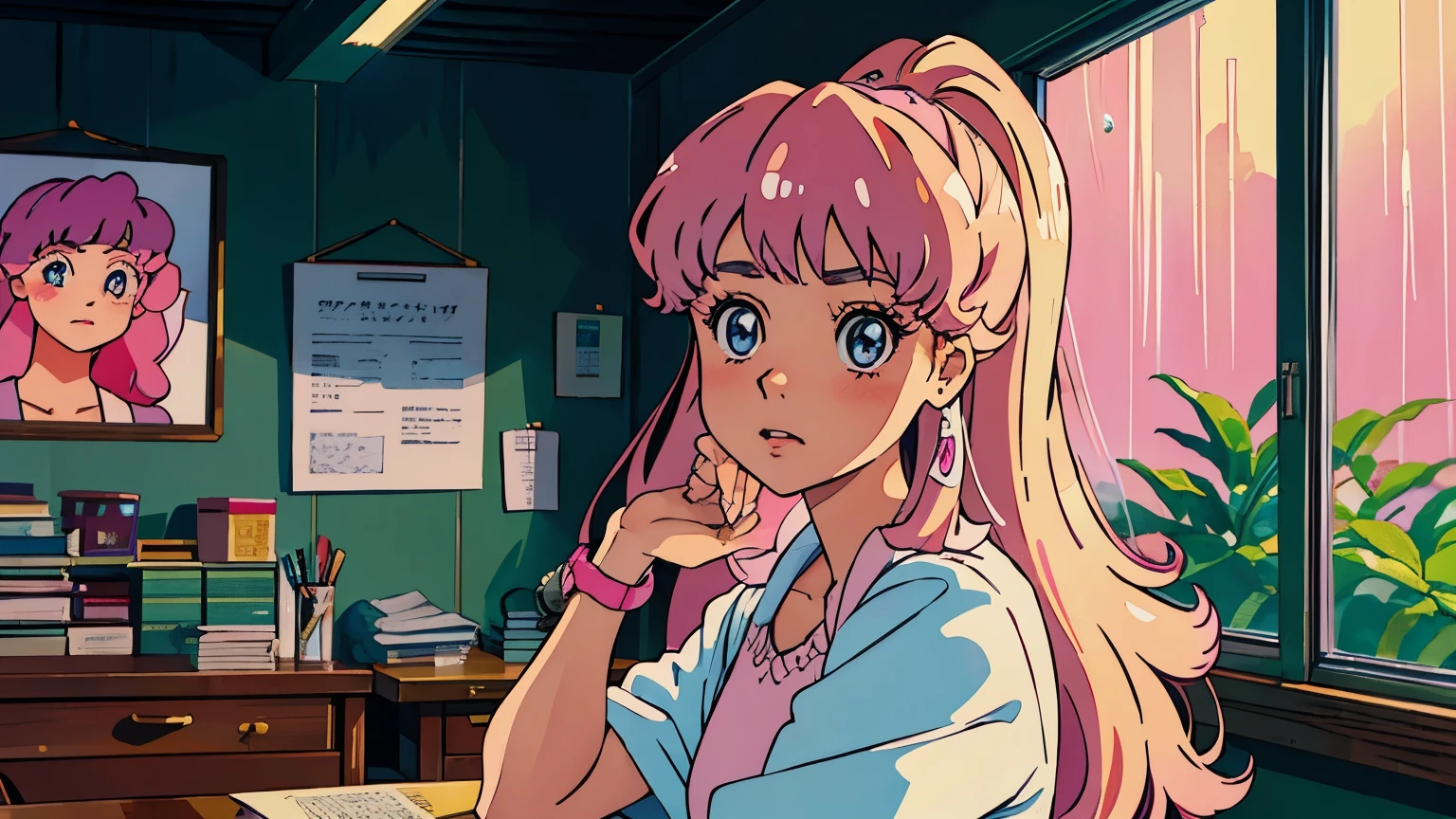 masterpiece, highest quality), Intricate details, One girl, 18-year-old, Pink Hair, Pink sparkly eyes, An illustration, Heisei, Retro, Emotional, study, In front of the desk, pretty girl, Long Hair, rain