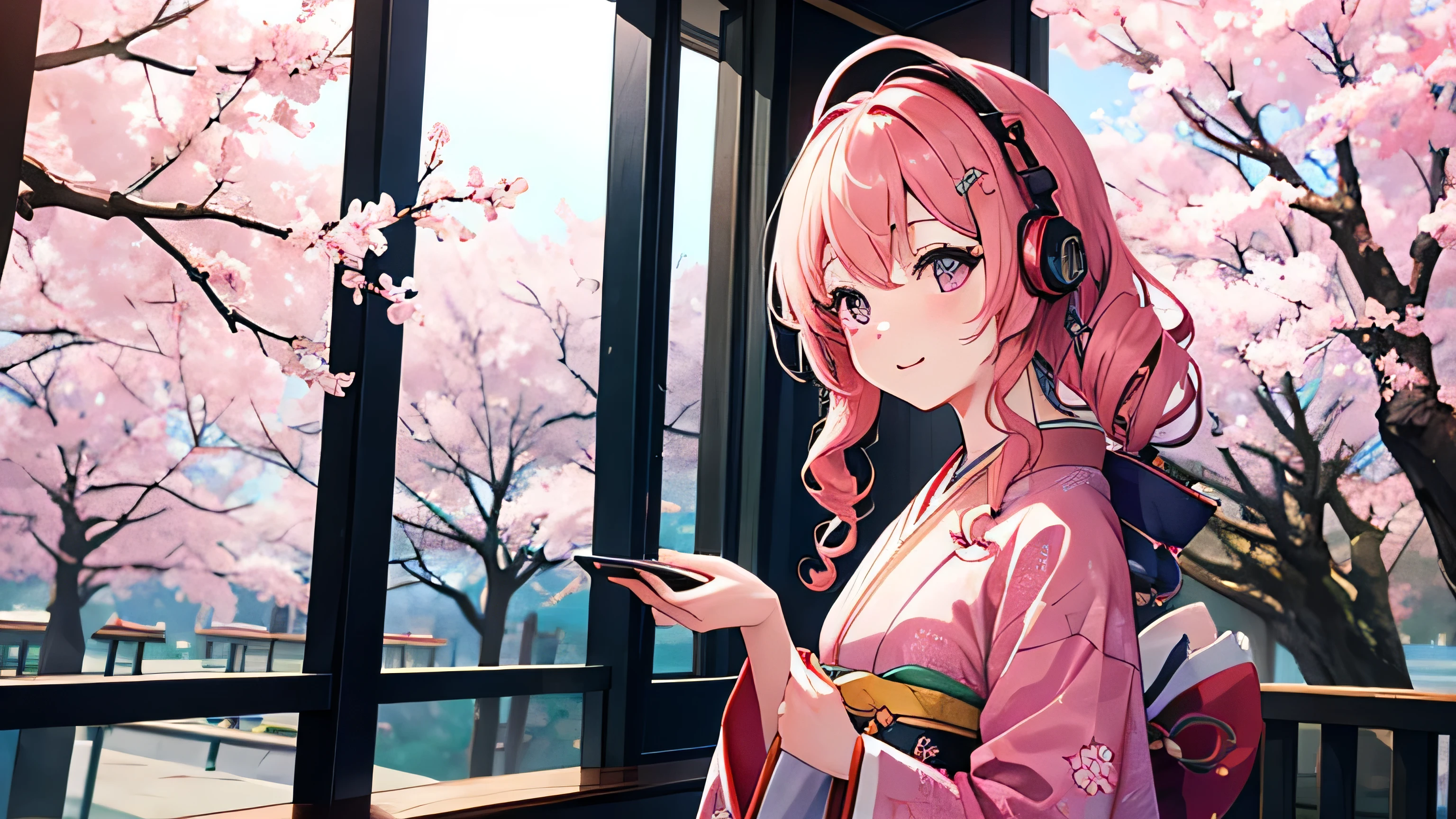 A beautiful woman wearing traditional Japanese clothing listens to music through headphones。Cherry blossoms fluttering in the nostalgic yet cheerful atmosphere of Kyoto。Her hair is long and curly.、Anime-like face