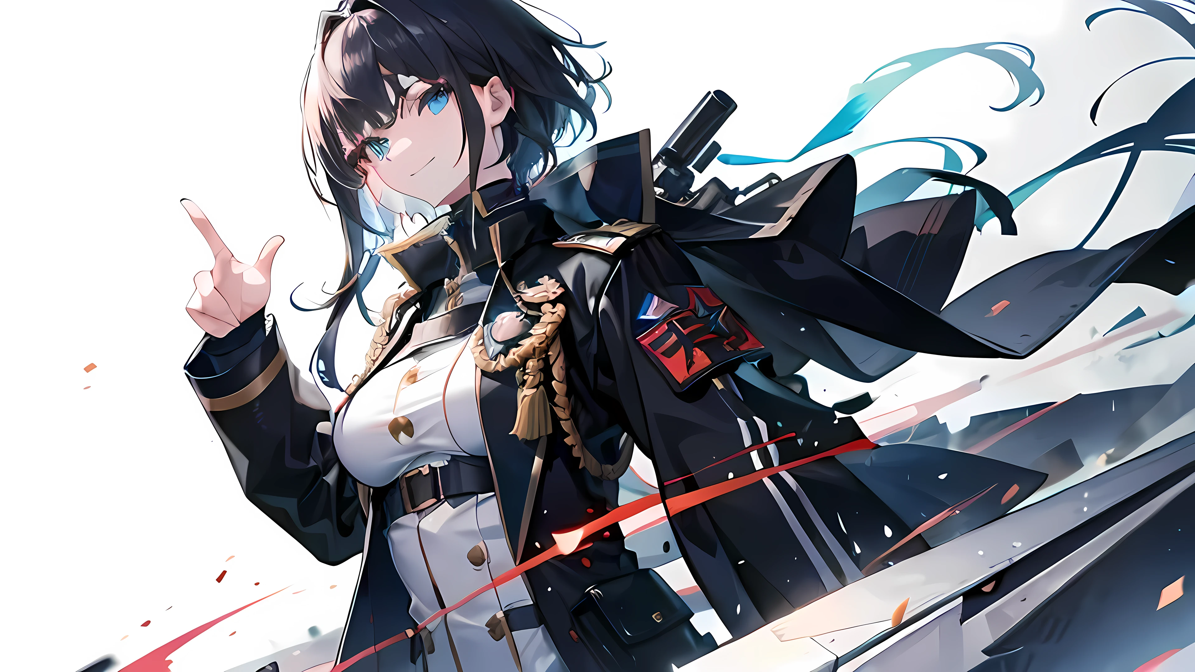 Highres, high quality, Epic atmosphere, stunning 4k artwork featuring a female, eye glowing, long hair ,clothes, female, legwear, modern clothes, military clothes, white background, short hair, smile