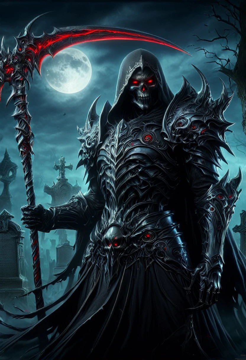 (best quality,4k,8k,highres,masterpiece:1.2),ultra-detailed,(realistic,photorealistic,photo-realistic:1.37),Black Grim Reaper,dark silhouette,cloaked figure,rustling black robes,long scythe,glowing red eyes,ominous presence,hovering darkness,dark ethereal figure,nightmarish specter,sinister aura,harbinger of death,eerie atmosphere,mysterious entity,shadows enveloping,haunting visage,menacing expression,skull-like face,otherworldly being,terrifying figure,reaping souls,glimpse of the afterlife,dreadful embodiment,ominous rituals,desolate cemetery,grim and somber,ominous moonlit night,darkened sky,thick fog,ominous whispers,lurking in shadows,eternal darkness,bone-chilling encounter,death's cold grip,intense and brooding,ominous catalyst,ominous cloak of despair,evil personified,intertwined with shadows,impending doom,abyssal realm,shivering in fear,eternal slumber. Scythe