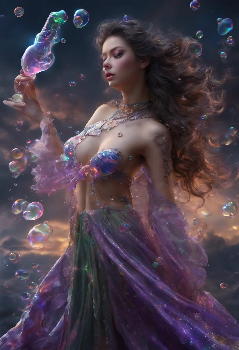 Venus, perfect body, full Torso, body wrapped in bubbles, perfect style, psychedelic color, transparent cloak, liquid cloak, bubbles whirlwind, neon light, UHD, hair blow, long waist hair, surrealism, epic realism, hold hands, fire tornado background, dark night scene, dark moon, standing on the clouds, ultra detailed