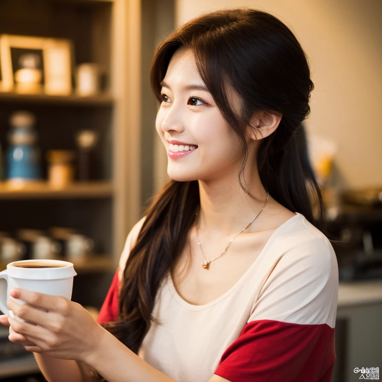 UHD, Close-up photo of a cute Korean woman, Looking straight ahead, sexy little smile,) Chest size 34 inches, ponytail, Wearing a dark red round neck t-shirt.,) There is a beautiful colored parrot on the shoulder.,) necklace,  Brewing coffee,) In the coffee shop 8k photos, Shot with a high quality Fuji 45 camera.,000,000 pixels warm light,) realistic light colors,) 