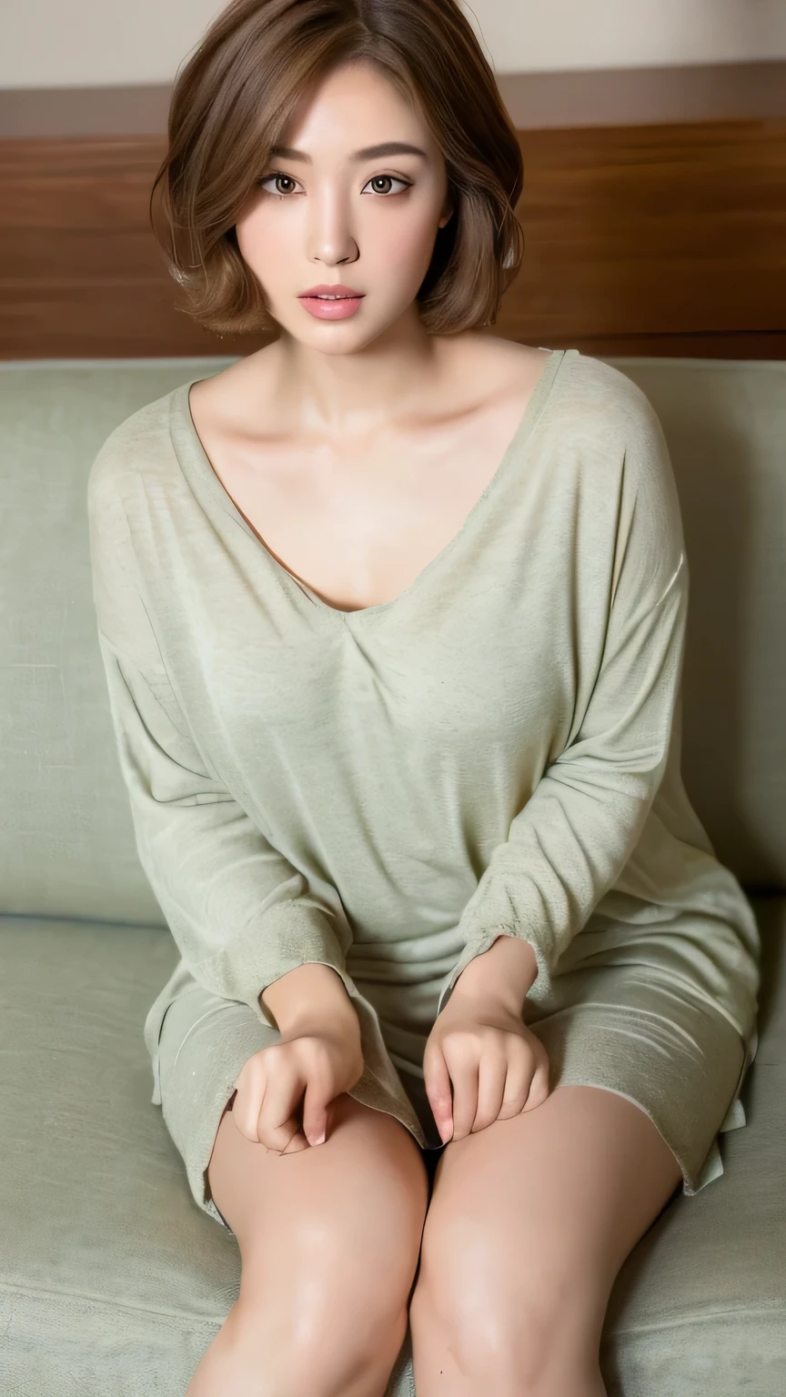 ((highest quality, 8k, masterpiece: 1.3)), 1 female, Japanese Idols,Sensual beauty: 1.3, (Hairstyle Brown Hair Short Bob, big: 1.2), Casual nightwear: 1.1, Very friendly face, Delicate eyes, double eyelid, Mole, Thick eyebrows,Sit on the sofa,Plump body,Crossing his fat legs,Luxurious Belly Meat,