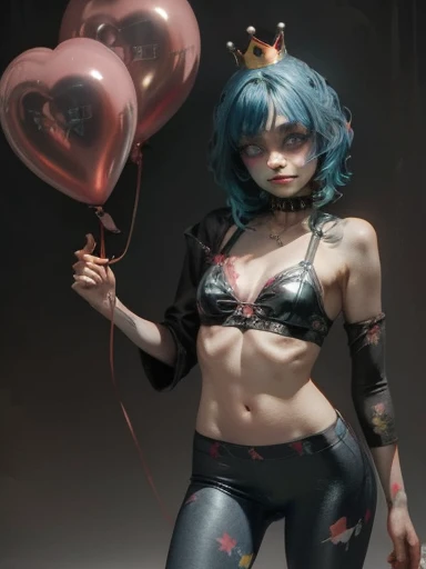 A clown with blue hair and red clown makeup、Surrounded by red balloons, Cute Core Crown Core, 不気味なClown Girl, Scary Clown, Clown Girl, Detailed painting 4k, PortraitDeathClown, Artstation Contest Winner, Goth Clown Girl, deviantart artstation cgscosiety, cgsociety contest winner!!, cgsociety contest winner!!!, y 2 k Cute Core Crown Core,fullbody