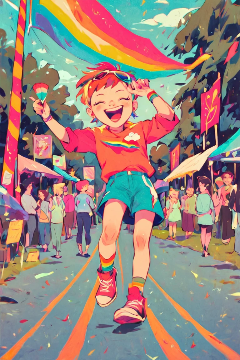 Fraction_9, Fraction_8_Direction_7_up, Rainbow style, Vibrant colors, Bright colors, Solitary, Female focus, child, Short hair, outdoor, looking at the audience, laughing out loud,daytime, permanent