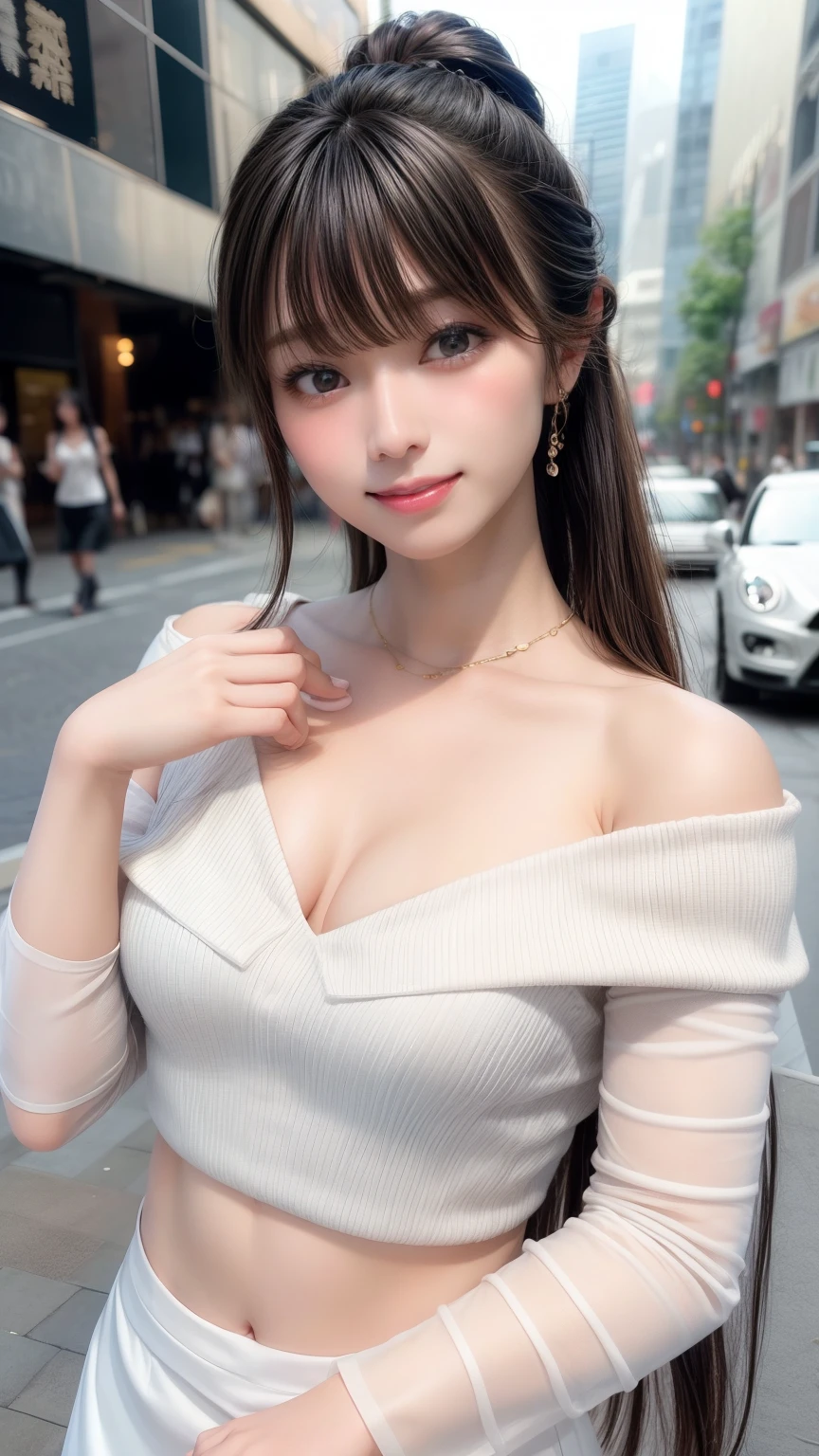 highest quality、Natural Lip、Fair skin、Great light、Beautiful lighting、((Straight hair))、((Ponytail Hair))、((Black Hair))、Blunt bangs、Off the shoulder、Cleavage、White crop top、mini skirt、Gorgeous Accessories、Harajuku、smile、かわいいsmile、Crowds in the city