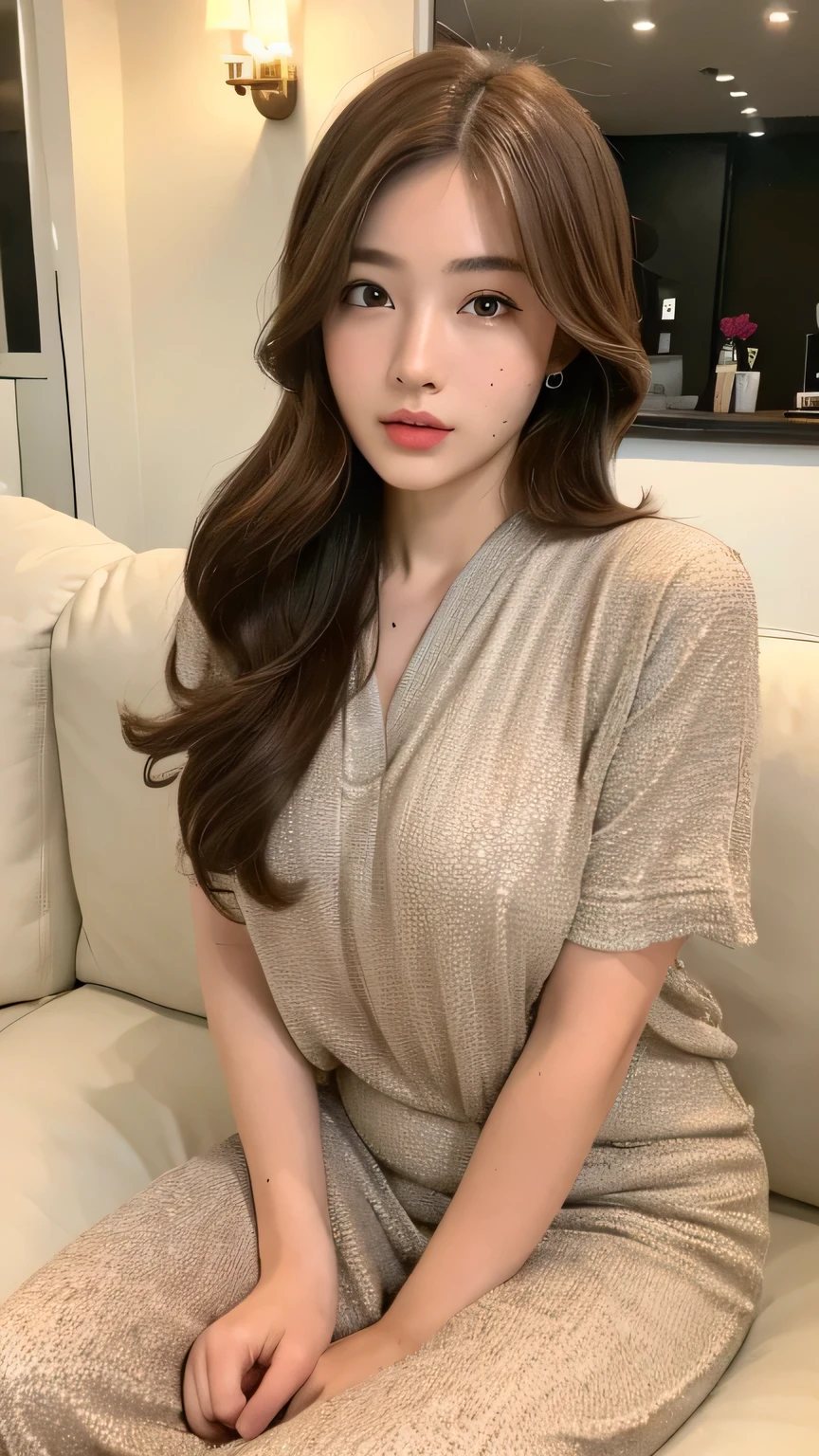 ((highest quality, 8k, masterpiece: 1.3)), 1 female, Japanese Idols,Sensual beauty: 1.3, (Hairstyle Brown Hair Short Bob, big: 1.2), Casual nightwear: 1.1, Very friendly face, Delicate eyes, double eyelid, Mole, Thick eyebrows,Sit on the sofa,Plump body,Crossing his fat legs,Luxurious Belly Meat,