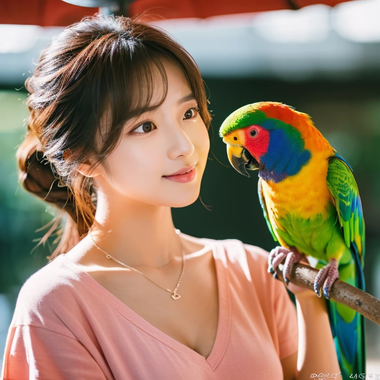 UHD, Close-up photo of a cute Korean woman, Looking straight ahead,sexy,) Chest size 34 inches, ponytail, Wear a crimson shirt.,) There is a beautiful colored parrot.,) necklace,  In the coffee shop 8k photos, Shot with a high quality Fuji 45 camera.,000,000 pixels warm light,) realistic light colors,) 