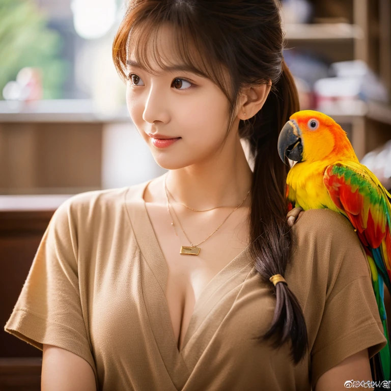 UHD, Close-up photo of a cute Korean woman, Looking straight ahead,sexy,) Chest size 34 inches, ponytail, Wear a crimson shirt.,) There is a beautiful colored parrot.,) necklace,  In the coffee shop 8k photos, Shot with a high quality Fuji 45 camera.,000,000 pixels warm light,) realistic light colors,) 