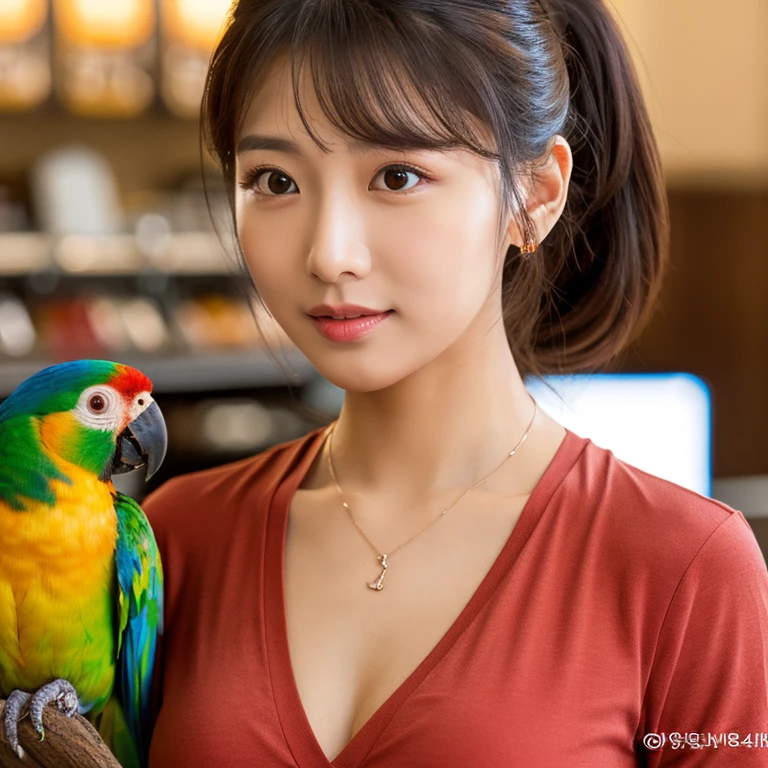 UHD, Close-up photo of a cute Korean woman, Looking straight ahead,sexy,) Chest size 34 inches, ponytail, Wear a crimson shirt.,) There is a beautiful colored parrot.,) necklace,  In the coffee shop 8k photos, Shot with a high quality Fuji 45 camera.,000,000 pixels warm light,) realistic light colors,) 