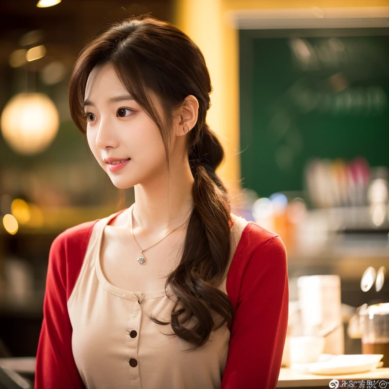UHD, Close-up photo of a cute Korean woman, Looking straight ahead,sexy,) Chest size 34 inches, ponytail, Wear a crimson shirt.,) There is a beautiful colored parrot.,) necklace,  In the coffee shop 8k photos, Shot with a high quality Fuji 45 camera.,000,000 pixels warm light,) realistic light colors,) 