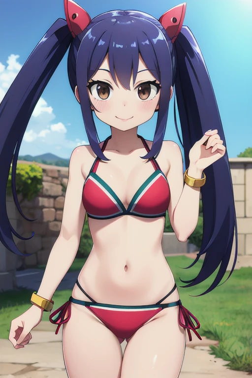 masterpiece, highest quality, High resolution, Arwendy, Long Hair, Twin tails, hair ornaments, Exposing shoulders,
bikini,Bracelet, bracelet, Outdoor, jumping, Cowboy Shot, smile,