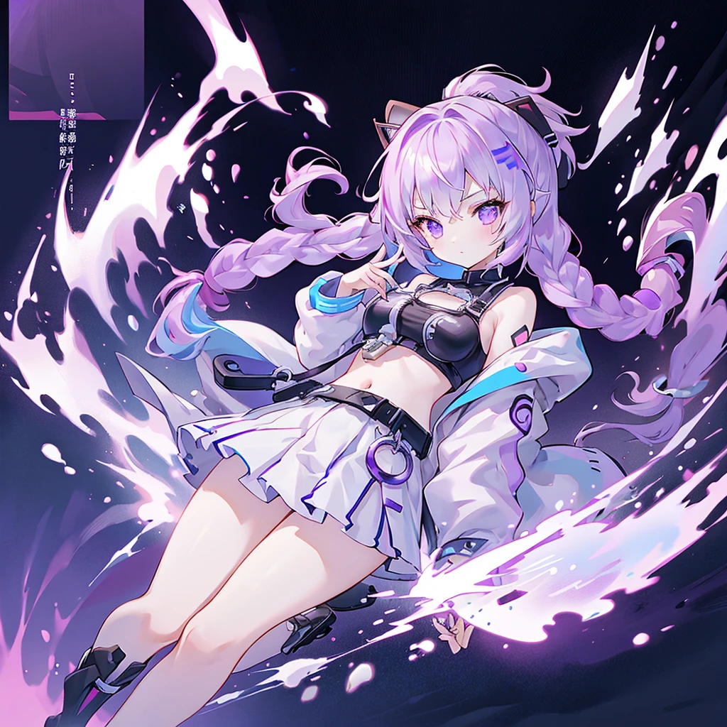 masterpiece, best quality, high res, solo, 1girl, long hair, silver hair, purple highlights, bow, hair bow, loli, small breasts, flat chest, bangs, purple eyes, blush, very long hair, looking at viewer, closed mouth, shirtless, nipples, shy, kitsune, cat ears, cat tail, cat girl