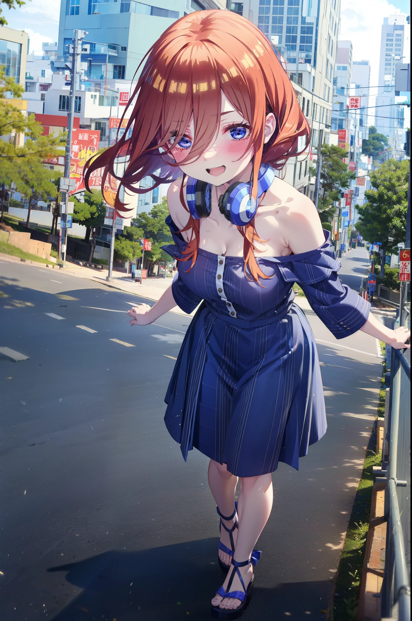 Mikunakano, Miku Nakano, Long Hair, bangs, blue eyes, Brown Hair, shirt, Hair between the eyes, Headphones around the neck,happy smile, smile, Open your mouth,Off-the-shoulder blue dress,Bare shoulders,bare clavicle,Bare neck,Bare arms,Blue long skirt,Cute heeled sandals,Real Summer,Daytime,sunny,My hair is blowing in the wind,whole bodyがイラストに入るように,Looking down from above,
break outdoors, city,海岸通り
break looking at viewer, whole body,
break (masterpiece:1.2), highest quality, High resolution, unity 8k wallpaper, (shape:0.8), (Beautiful details:1.6), Highly detailed face, Perfect lighting, Highly detailed CG, (Perfect hands, Perfect Anatomy),