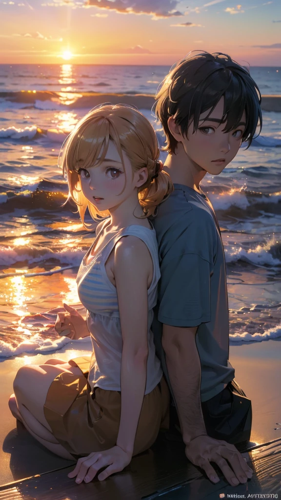 girl and boy together, sitting together, back to back, facing the beach, gazing at the sunset, anime-style. (best quality,4k,8k,highres,masterpiece:1.2),ultra-detailed,(realistic,photorealistic,photo-realistic:1.37),illustration,detailed eyes, detailed lips, vivid colors, beach scene, golden hour lighting