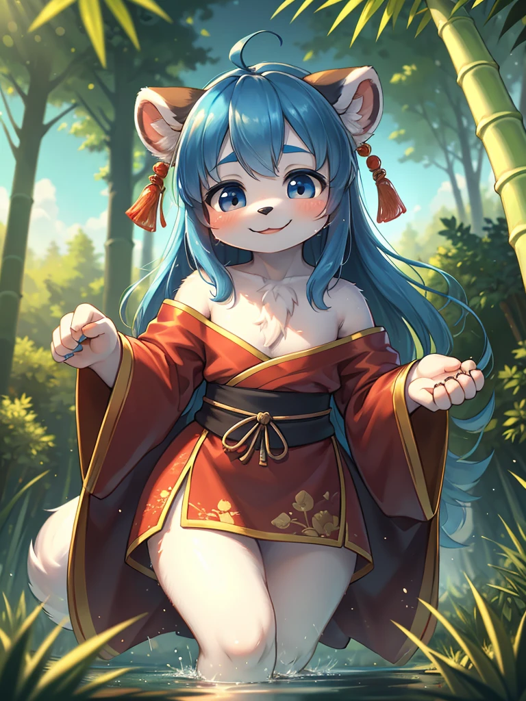 Unrealistic Perspective , dynamic angle , rule of thirds Layout , Bokeh , dynamic fashion model action , realistic hairy fur , round face , moist round eyes , Swollen cheeks , hair ties , Short stature , (accidents , Happenings) , sensational , masterpiece, highest quality, Official Art, 8k wallpaper, Very detailed, figure, 1 boy, Chinese style, ink, Sky Blue Hair, Long Hair, Fine grain, Forest Fun, Exposing shoulders, Hanfu, lake, Pure, A kind smile, bamboo, tea , girly panda , Panda pattern