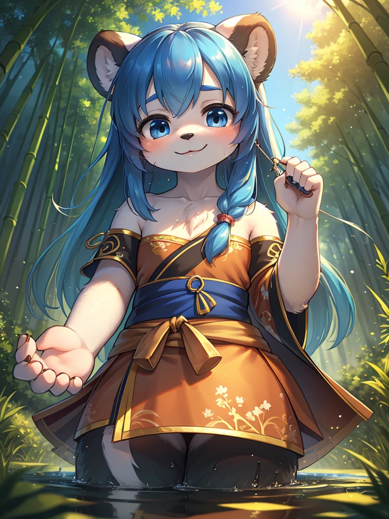 Unrealistic Perspective , dynamic angle , rule of thirds Layout , Bokeh , dynamic fashion model action , realistic hairy fur , round face , moist round eyes , Swollen cheeks , hair ties , Short stature , (accidents , Happenings) , sensational , masterpiece, highest quality, Official Art, 8k wallpaper, Very detailed, figure, 1 boy, Chinese style, ink, Sky Blue Hair, Long Hair, Fine grain, Forest Fun, Exposing shoulders, Hanfu, lake, Pure, A kind smile, bamboo, tea , girly panda , Panda pattern