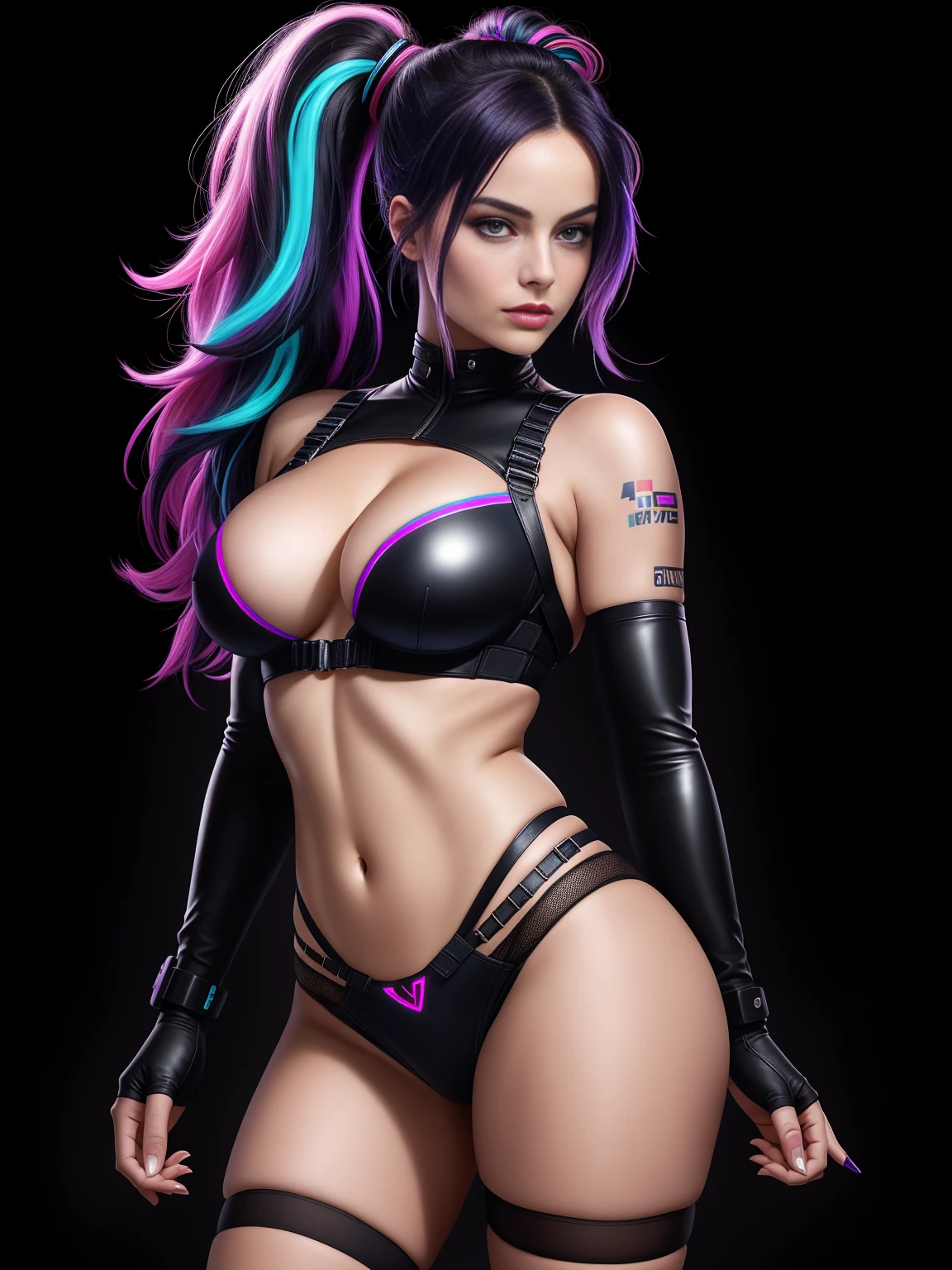 there is Margot Robbie, navy blue and bright purple neon streaked hair, nice ass, hair in pony tail, 3 d neon art of a womans body, neon-noir background, cyberpunk femme fatale, seductive cyberpunk dark fantasy, cyberpunk strip clubs, cyberpunk 20 y. o model girl, oppai cyberpunk, banner, high definition cgsociety, cgsociety masterpiece, trending on cgstation, kda, random hair, looking at camera, gigantic breasts, cleavage, (high detailed skin:1.2), 8k uhd, dslr, super lighting, high quality, film grain, high res, highly detailed, hyper realistic, beautiful face, beautiful body, beautiful eyes nose lips, alluring expression, very bold, upper  visible, full body photo, standing legs apart, standing, (back to camera:1.2), pale translucent glowing skin, most beautiful face, cute, (well defined pubic hair:1.2)), (dark plain black background:1.4))