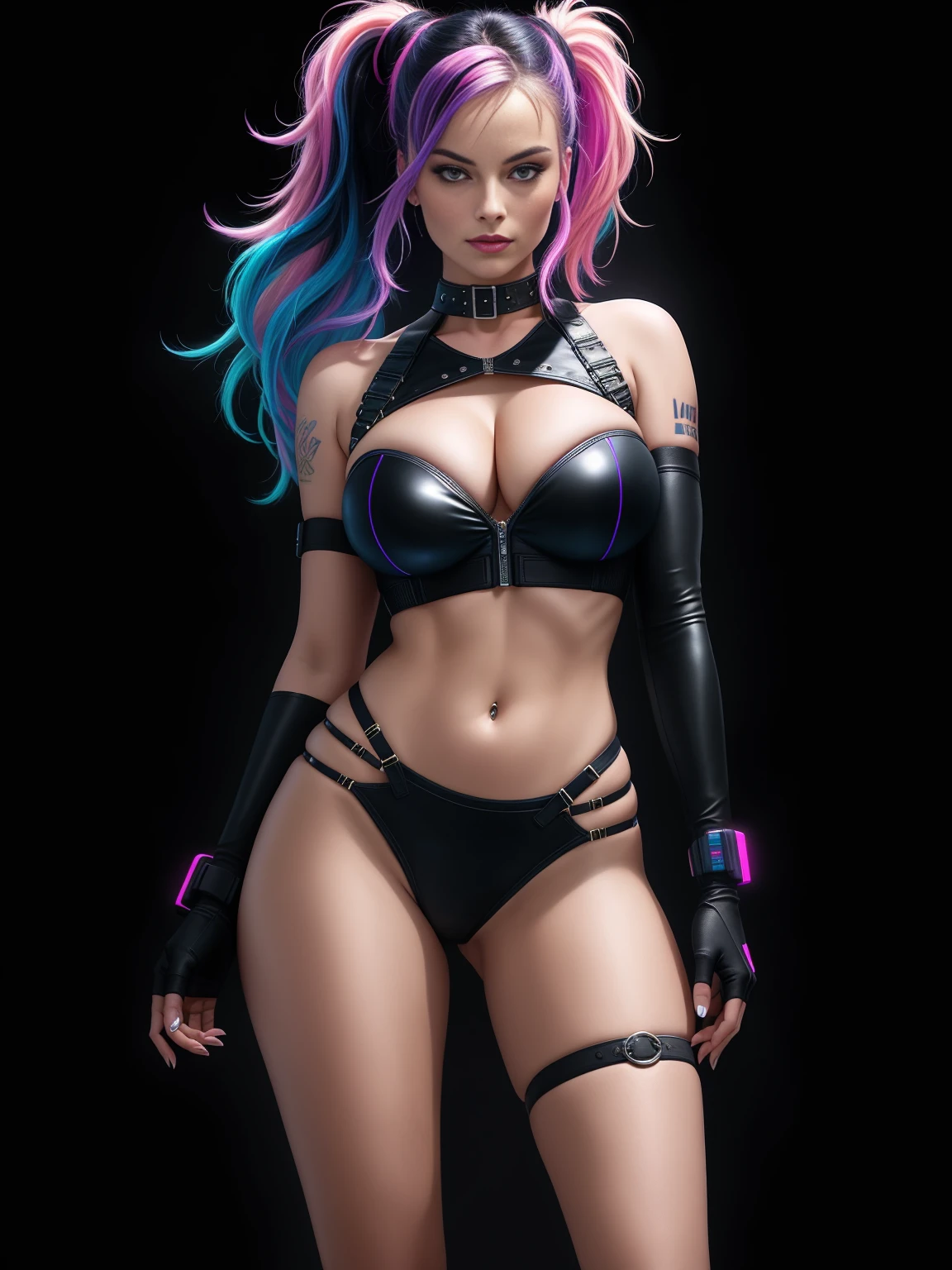 there is Margot Robbie, navy blue and bright purple neon streaked hair, nice ass, hair in pony tail, 3 d neon art of a womans body, neon-noir background, cyberpunk femme fatale, seductive cyberpunk dark fantasy, cyberpunk strip clubs, cyberpunk 20 y. o model girl, oppai cyberpunk, banner, high definition cgsociety, cgsociety masterpiece, trending on cgstation, kda, random hair, looking at camera, gigantic breasts, cleavage, (high detailed skin:1.2), 8k uhd, dslr, super lighting, high quality, film grain, high res, highly detailed, hyper realistic, beautiful face, beautiful body, beautiful eyes nose lips, alluring expression, very bold, upper visible, full body photo, standing legs apart, standing, (back to camera:1.2), pale translucent glowing skin, most beautiful face, cute, (well defined pubic hair:1.2)), (dark plain black background:1.4))
