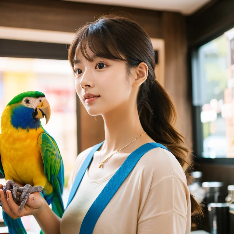 UHD, Close-up photo of a cute Korean woman, Looking straight ahead,sexy,) Chest size 34 inches, ponytail, Wear a yellow T-shirt.,) There is a beautiful colored parrot.,) necklace, In the coffee shop 8k photos, Shot with a high quality Fuji 45 camera.,000,000 pixels warm light,) realistic light colors,)