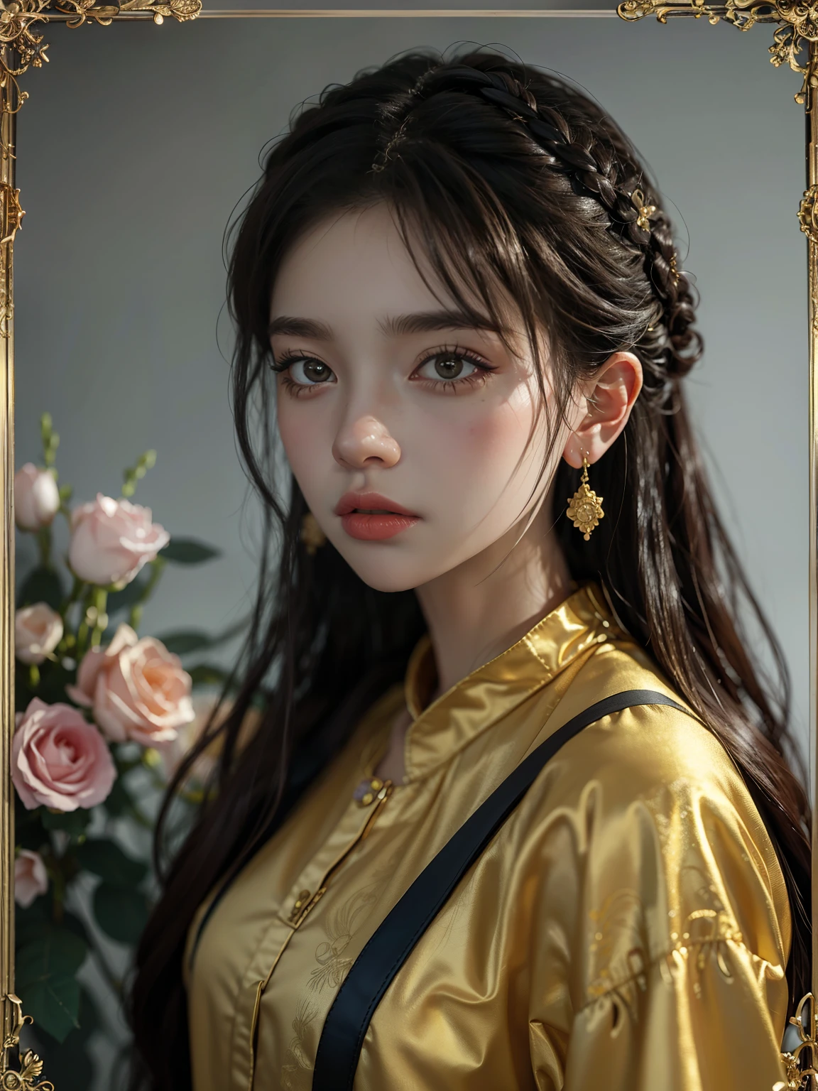 Portrait of a young girl in a luxurious frame with gold-framed flowers.