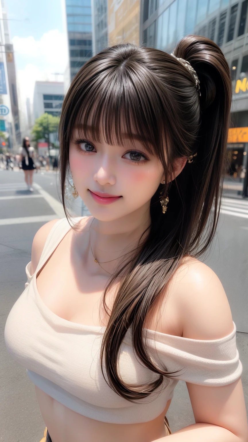 highest quality、Natural Lip、Fair skin、Great light、Beautiful lighting、((Straight hair))、((Ponytail Hair))、((Black Hair))、Blunt bangs、Off the shoulder、Big cleavage、White crop top、mini skirt、Gorgeous Accessories、Harajuku、smile、かわいいsmile、Crowds in the city