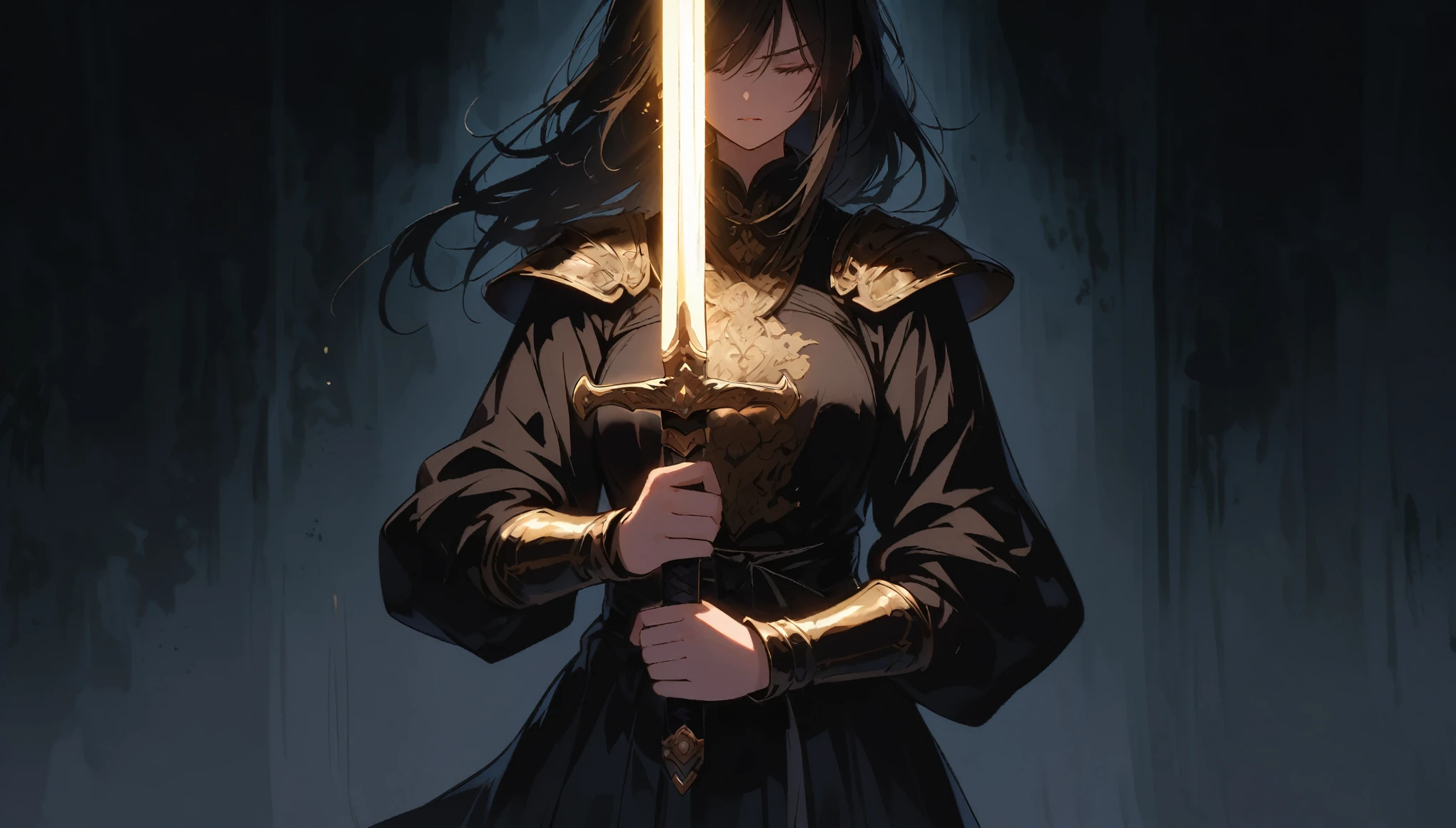 dark atmosphere,dark background,female swordsman in the dark,glowing golden sword,invisible face,Sword in both hands,night,dark,fear,sword focus,Black tones,