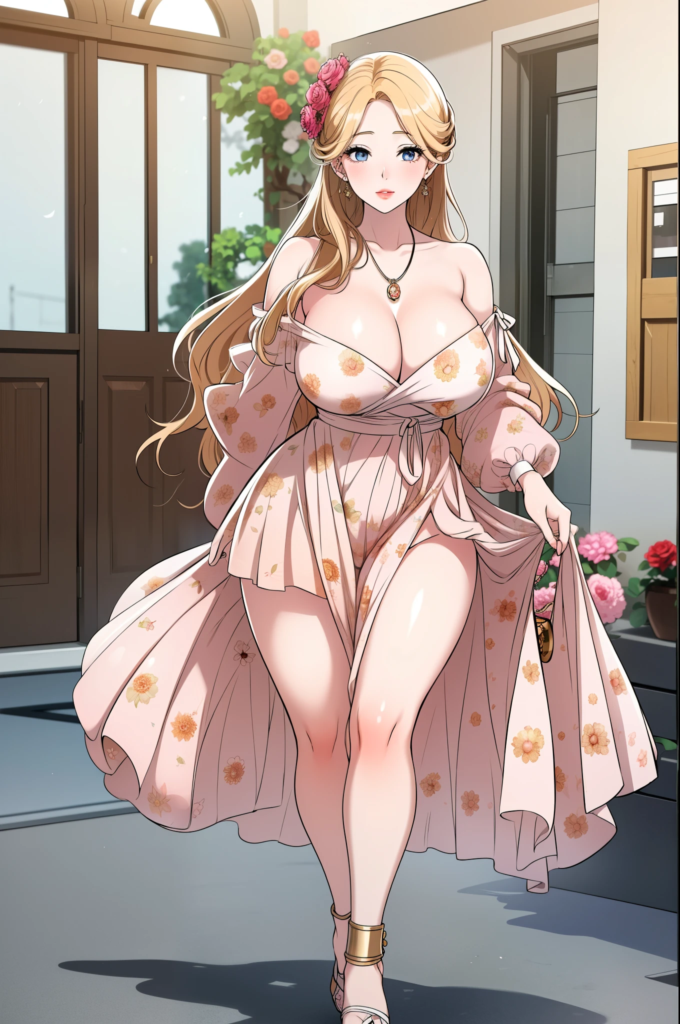 An extremely, insanely beautiful stunning gorgeous pretty cute sexy busty mother with a perfect gorgeous beautiful face, extremely super bright snow white fair stunning flawless glowing lush shiny white skin, and complexion, gold blonde hair tied in a cute hairstyle with hair ornament and red rose flower on hair, age 23, stunning shiny big shiny glowing blue eyes, bright pink cheek blushes, brown-black eyelashes, pink puffy lips, pink nails, goddess-like extremely cute sweet smile, face full of life, wearing a gold necklace, feet anklets, wearing a pretty sexy long loose-soft revealing LIGHT-BROWN COLOURED floral Robe-like-dress with threads with a WHITE COLORED OFF-THE-SHOULDER CROCHET CARDIGAN hanging on her back and shiny gold high-heels, gold bangles, looking at the viewer, standing straight, insanely tight skinny perfect hourglass figure, perfect round wide perfect hips, perfect bouncy round breasts, perfect round plump ass poking out of her dress, holding bouquet of red roses, road market in the background, day time, show full body from head to feet.