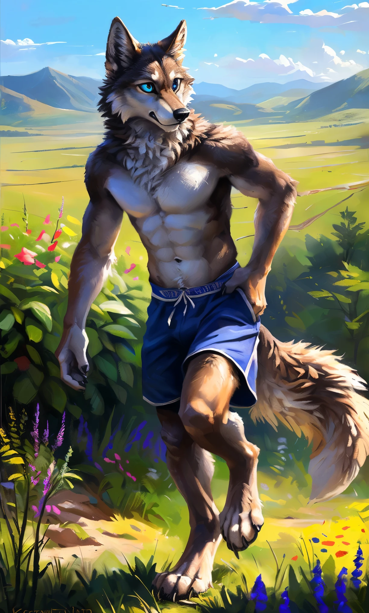 ((Solo)), male people, anthro wolf, (Multi-colored fur, White-brown:1.3，White tail pointed), (Height 2.1m,Tail length 1.2m), ((Wolf face, Big eyes, White eyelids, Blue pupil, Slim:1.2) (Tough, Calm expression:1.2)), Abs, Slim, pinging)), (Correct anatomy), (Work shorts:1.1), The upper body  naked, (detailed outfits),A long big tail，Feet，(Realistic fur, Detailed fur texture, labeled:1.3)), (Natural lighting), Photorealistic, Hyperrealistic, ultradetailed, by Kenket，In a sea of flowers，erect through，Running on