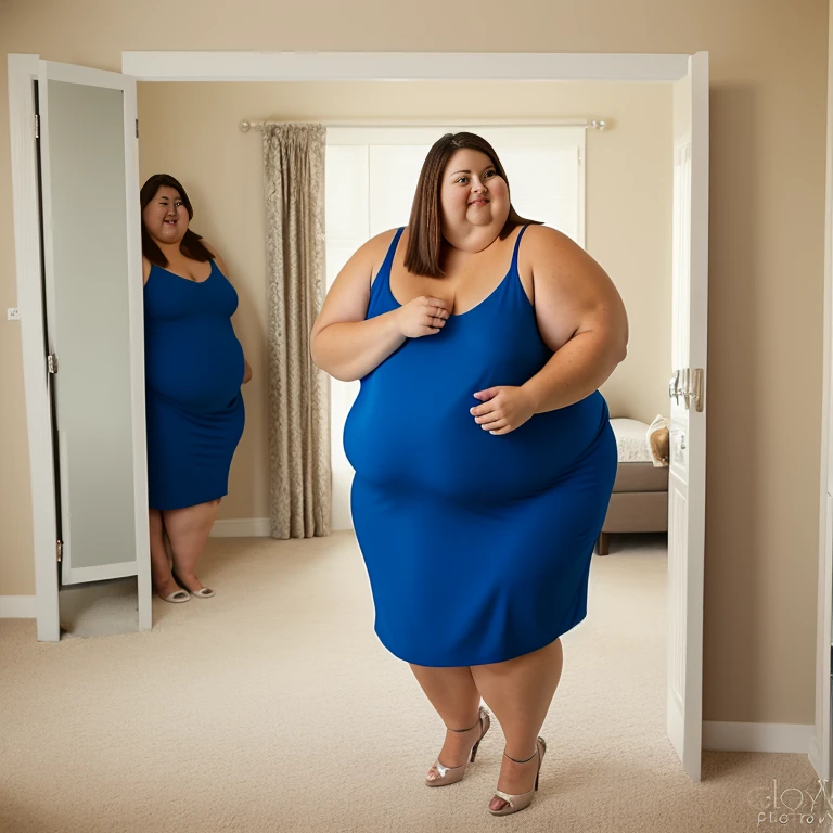 A realistic photograph of an obese woman pulling up her dress to reveal her fat stomach.