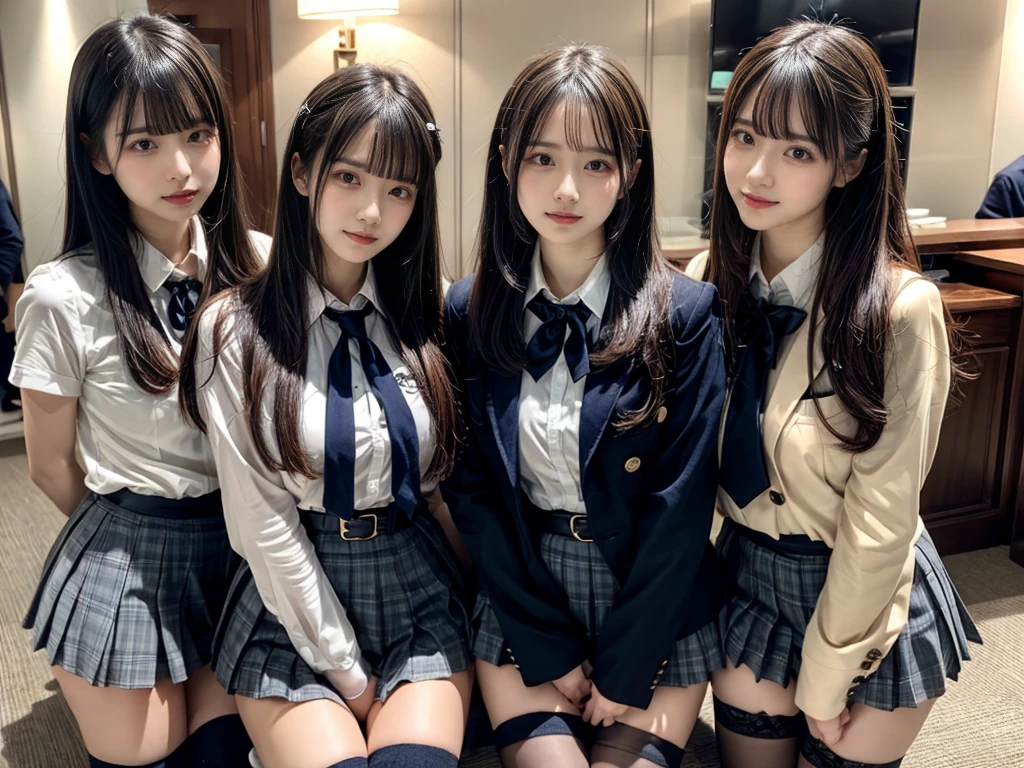 muster piece, best quality, illustration, Super detailed, fine details, High resolution, 8K,wall paper, perfect dynamic composition,(Details High quality, realistic depiction of eyes:1.3), ((2 girls, 2 schoolgirls)), The background is a luxury hotel room、High school girl uniform、blazer 、Super Short Check Uniform Skirt、Navy blue high socks、garterbelts、Colossal tits、Disturbed uniform, Play with each other,Touching each other's bodies,Touching the body of the girl next door, short bob hair, black hair color, huge breasts, Big Natural Color Lip, bold sexy pose, (perfect body shape), crying a little、cold gaze, Harajuku style、20 year old girl、 beautiful legs, hposing Gravure Idol, Voluptuous thighs