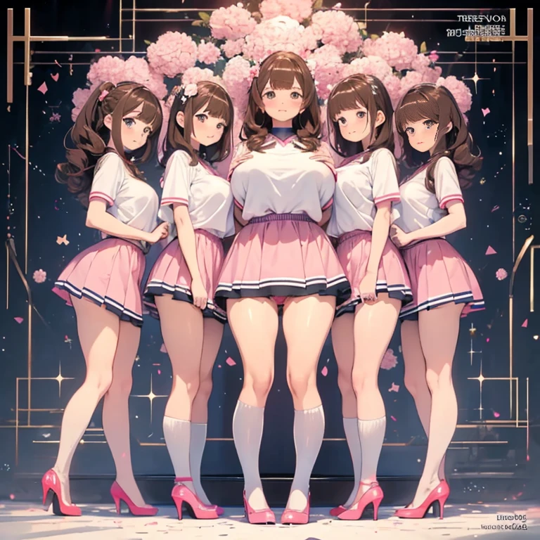 Perfect anime illustration, Multiple Girls, Thousands of girls, Millions of girls, clone, Identical sister, An orderly line of sisters, An orderly line of sisters, Sisters standing in a line, Sisters in the background, Brown Hair, Curly Hair, Matching hairstyle, Hazel Eyes, smile, ((Matching outfits, Pink Uniform, High heels)), Matching hairstyles, White Background, High resolution, whole body, Pause、Camel Toe、Giant tit、Nipple Puffs、Cleavage、Plump、Super big breasts、Super big butt