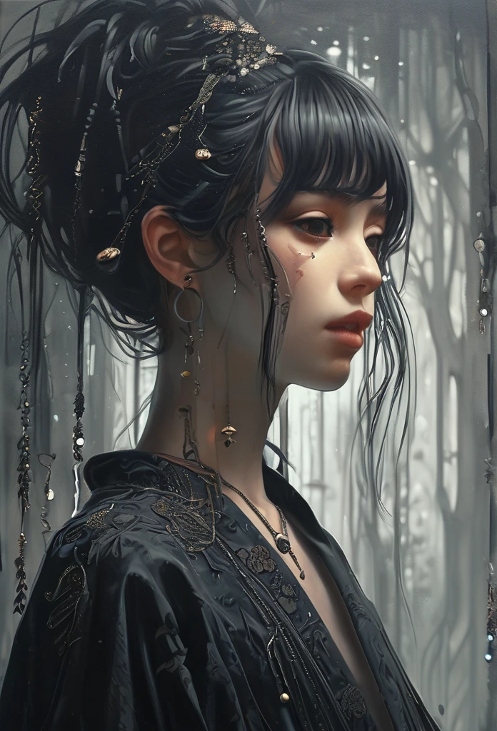 (girl oil Painting:1.3), Bold nib, Mixed media, 4k, highly detailed, whimsical and melancholic atmosphere. pieces feature intricate details and a unique worldview, often employing dark tones and monochrome palettes. They are filled with surreal scenes and imaginative characters, transporting viewers to otherworldly realms. 1girl, solo, long hair, bangs, hair ornament, long sleeves, (jewelry:1.3),  japanese clothes, wide sleeves, blunt bangs, kimono, necklace, hime cut, Captivating, female focus