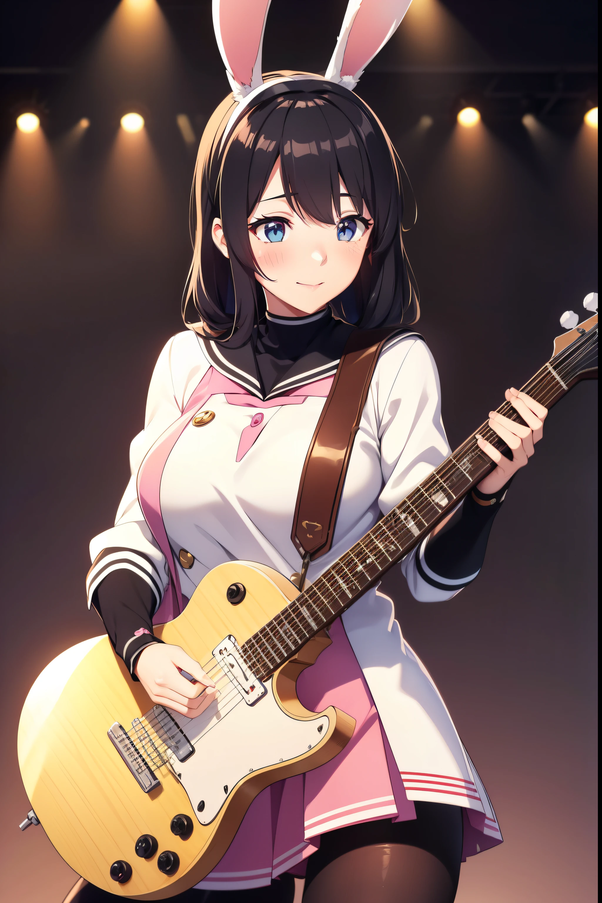 kita ikuyo、blush,smile、Black Hair、Rabbit Ear Hair Band、Bunny ears、Band members、I'm in a band、、uniform、Sailor suit、Pull the guitar、Singing on a microphone、shout、Sweat、highest quality, High resolution, unity 8k wallpaper, (shape:0.8), (Beautiful and beautiful eyes:1.6), Highly detailed face, Perfect lighting, Highly detailed CG, (Perfect hands, Perfect Anatomy),