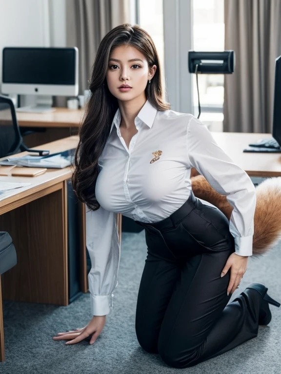 ((highest quality, 32k)), ((masterpiece)), (Familiar), Perfect Face, vixen, Pretty girl, Company Office, Has a tail, She has a northern fox tail., She stands up her fluffy tail, Dog collar, Beautiful hip line, Big Breasts, She wears a business suit, A big tail sticks out, Troubled face, Climb on all fours, Nice body