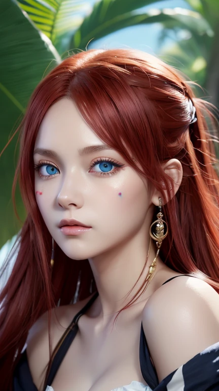 anime, (((portrait of he said))), woman, (((Red Hair))), (((blue eyes))), (((Female pirate)), 8k, unreal enGine, オクタンレンダリンG, by Kyun, GamanG, Yoon Gon-Ji, G.To, Gosonjak, Schloop, Severe, Dorm, Noah, trendinG on pixiv, Fan Box, Sketch, masterpiece, Smooth and soft skin, biG dreamy eyes, Beautiful and complex hair colors, Symmetric, anime wide eyes, soft liGhtinG, Concept Art, diGital paintinG,  Tropical Island