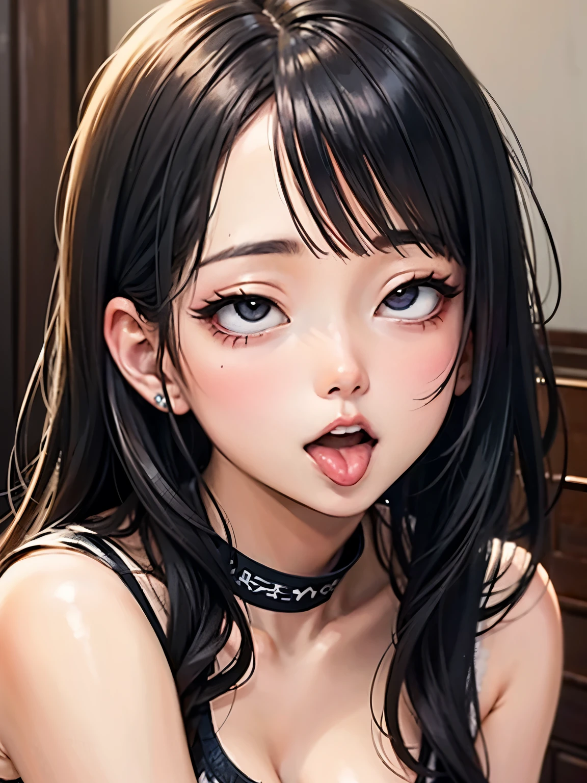 ((best quality)), ((masterpiece)), (detailed), perfect face. Black hair. Anime girl. Asian girl. Black eyes. Ahegao. Rolling eyes. Sticking tongue out.