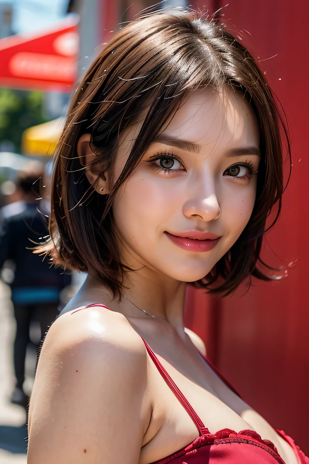(8k, RAW Photos, highest quality, masterpiece, Realistic, Realistic), (1 female), (The ultimate beautiful middle-aged woman), Highly detailed face, (Perfect Teeth), Beautiful Eyes, double eyelid, eyelash, smile, Lip details, (Neat brunette bob), The light shines on your face, Big Breasts, ((Colorful mini dresses)), (front view), (background: none), Background blur