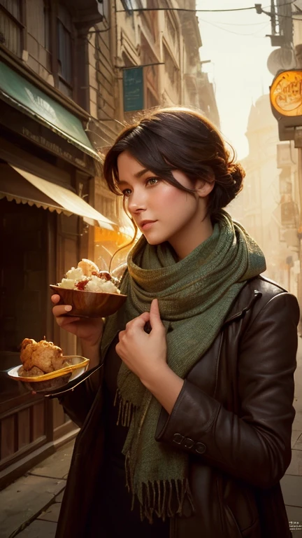 A picture of a woman with a scarf around her neck, Craig Mullins Alphonse Mucha, Artgerm Craig Mullins, Beautiful character drawings, Lads and Lois Van Baarle, Artjam and Athi Gairan, Charlie Bowter: Rich and deep colors, Lostrun 8k, ( ( Heaps of food ) ), Artgerm and Craig Mullins