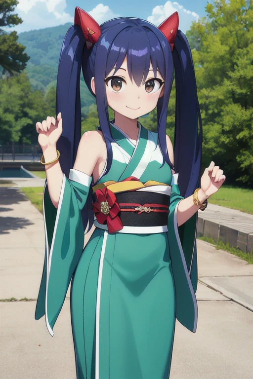 masterpiece, highest quality, High resolution, Arwendy, Long Hair, Twin tails, hair ornaments, Exposing shoulders,
furisode,Bracelet, bracelet, Outdoor, standing, Cowboy Shot, smile,