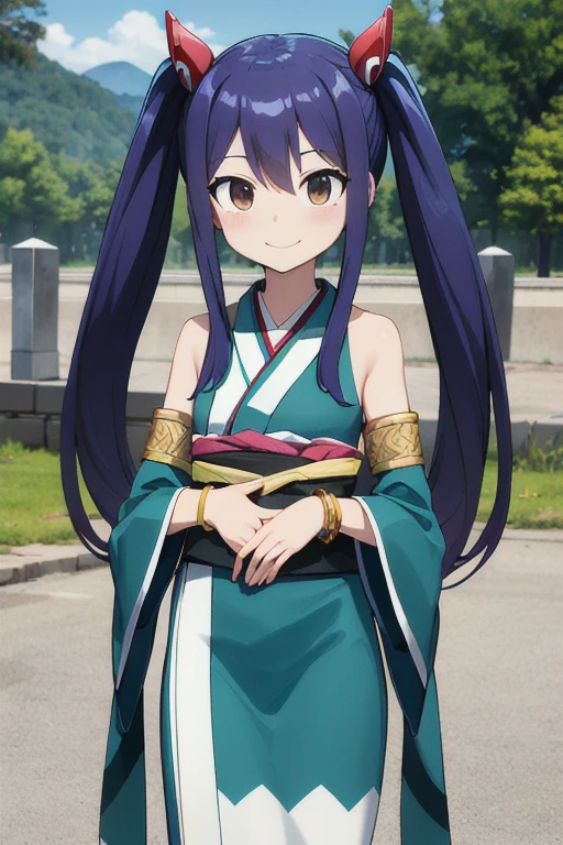 masterpiece, highest quality, High resolution, Arwendy, Long Hair, Twin tails, hair ornaments, Exposing shoulders, 
furisode,Bracelet, bracelet, Outdoor, standing, Cowboy Shot, smile,
