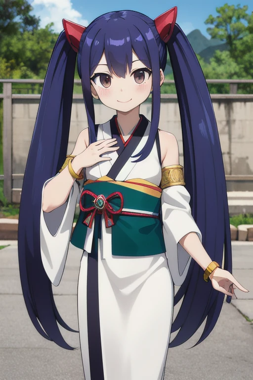 masterpiece, highest quality, High resolution, Arwendy, Long Hair, Twin tails, hair ornaments, Exposing shoulders,
furisode,Bracelet, bracelet, Outdoor, standing, Cowboy Shot, smile,