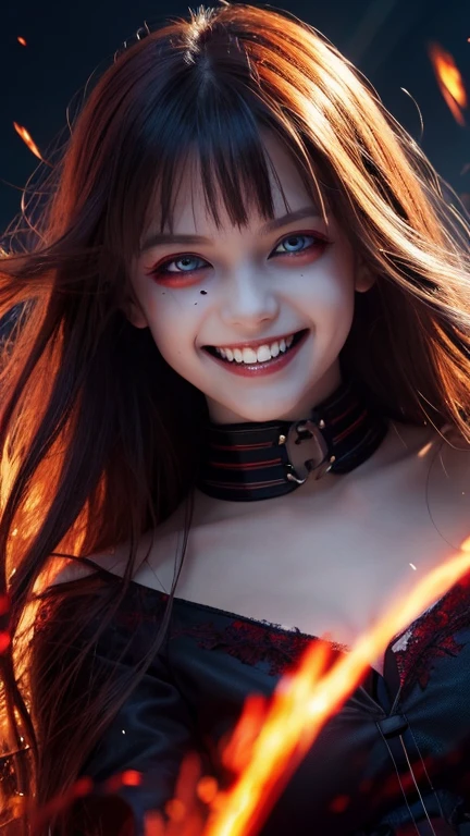 One girl, Flying hair, Red eyes, Fire Witch, There was blood on my face., Particles of light, lightning, wallpaper, colorful, High Contrast, vampire, Grin, Wicked Smile, psychopathic Grin, Psychopathic smile, Tilt your head