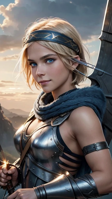 belligerent girl, Valkyrie, bold and beautiful, short blond hair, Blue eyes, smile, Predator's Gaze, Developing hair, A look over the shoulder, headband with metal wings, Sparkling steel, Bow and arrows, weapon, heat of battle, battle, clouds, Realistic photo, High quality, masterpiece, detailed study.