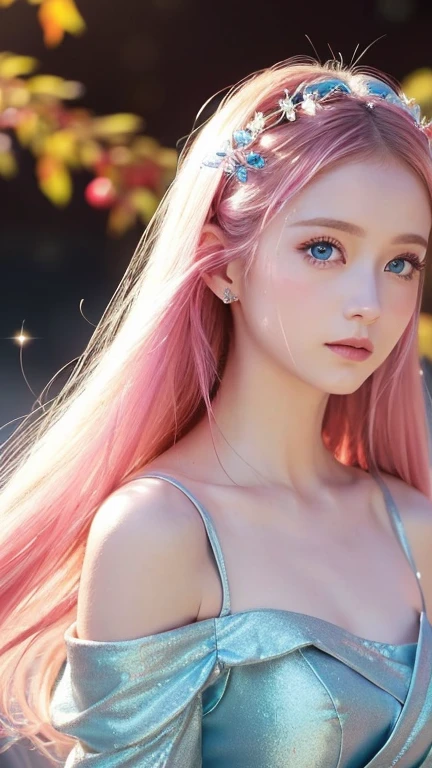 (masterpiece), (highest quality), (Very detailed), (Dirty Hair), (figure), (1 girl) (Long Pink Hair 1.5) (blue eyes) (Double Ponytail 2.0), ((((No shoulders))),Hanfu, (Looking at the audience, (interview), (Simple Background), Beautiful and delicate eyes, Delicate and beautiful face, Soar (High saturation), (Colorful Sparkling), Colorful bubbles, (Sparkling), Facial accents, Perfect NwsjMajic, Conservative dress, Shoulder less, Autumn Clothes, Facing the Public, Perfect figure,