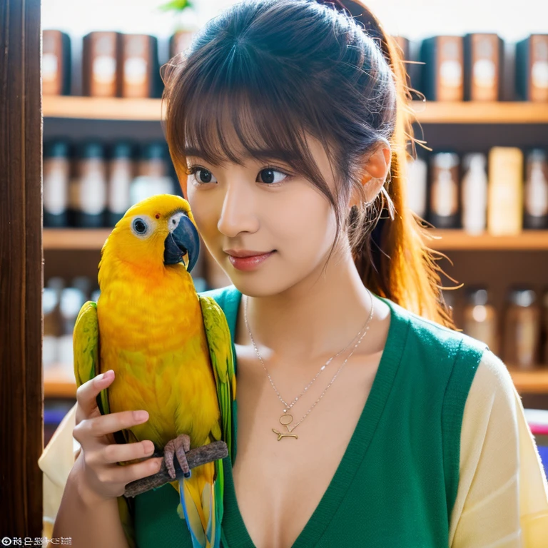 UHD, Close-up photo of a cute Korean woman, Tangjai looks directly at the camera.,)  size 34 inches, ponytail, Wear a yellow T-shirt.,) There is a beautiful colored parrot.,) necklace,  In the coffee shop 8k photos, Shot with a high quality Fuji 45 camera.,000,000 pixels warm light,) realistic light colors,) 