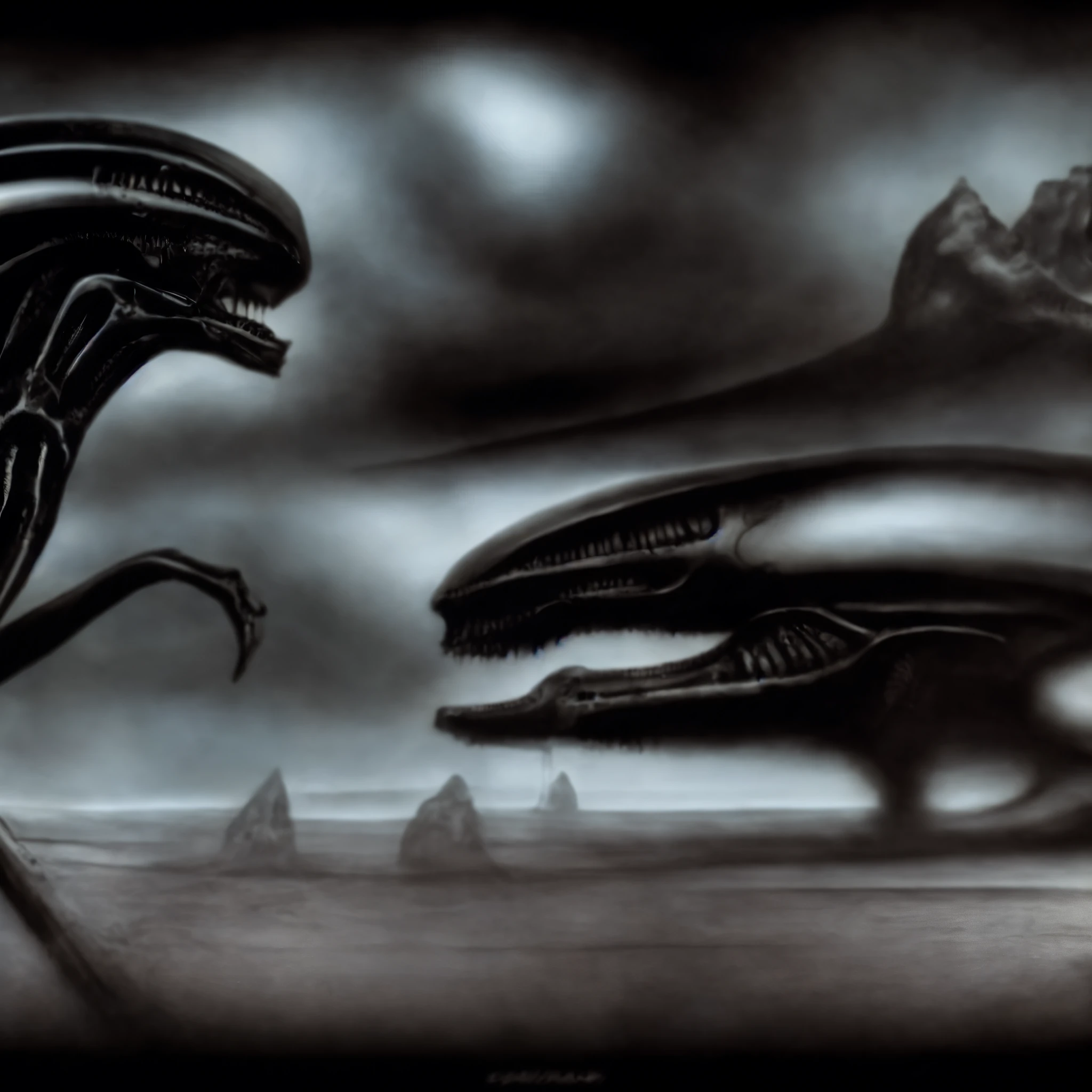 airbrush painting, H r (Hans Rudie) giger's artwork depicting two alien creatures with large heads and mandibles, facing each other in a dark, foggy environment. The scene has a sense of unease and mystery. in HRGigerArhP style, abstract, mechanical chaos, muted colors,