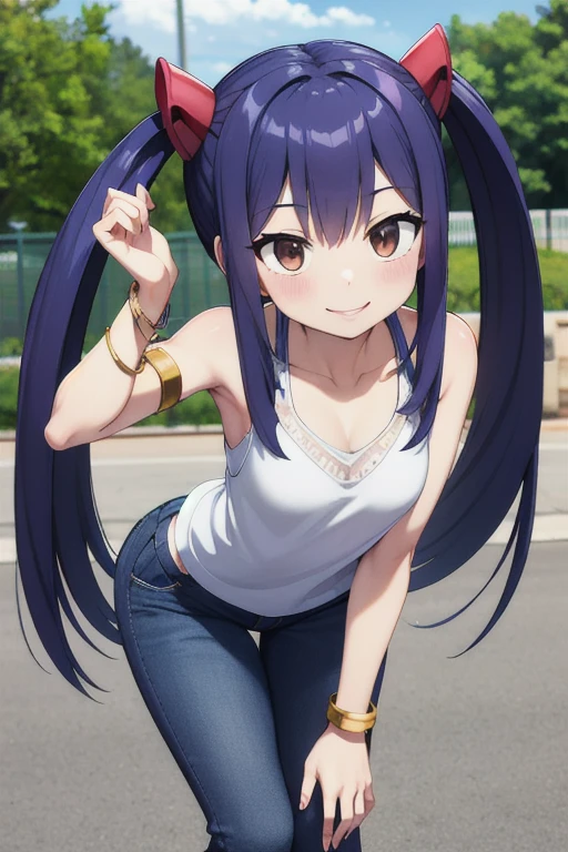 masterpiece, highest quality, High resolution, Arwendy, Long Hair, Twin tails, hair ornaments, Exposing shoulders, 
jeans,Bracelet, bracelet, Outdoor, leaning forward, Cowboy Shot, smile,
